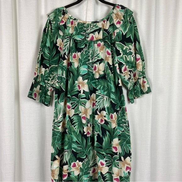 Hilo Hattie Vintage Green Tropical Print Ruffle Maxi Dress Sz.M - Picture 8 of 11